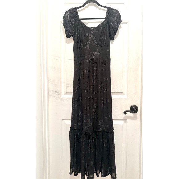 Ember Dresses & Skirts - Ember Black Mesh Floral Maxi Dress Short Puff Sleeve Smocked Back S Whimsigoth